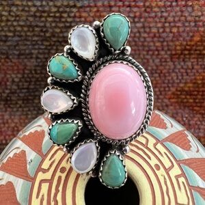 ❤️ Queen Pink Conch Kingman Turquoise MOP Statement Half Cluster Adj 925 Ring